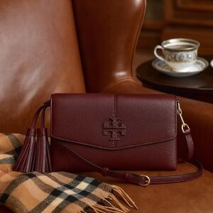 Tory Burch Mcgraw Claret Wine Red Leather Convertible Crossbody Bag/Clutch